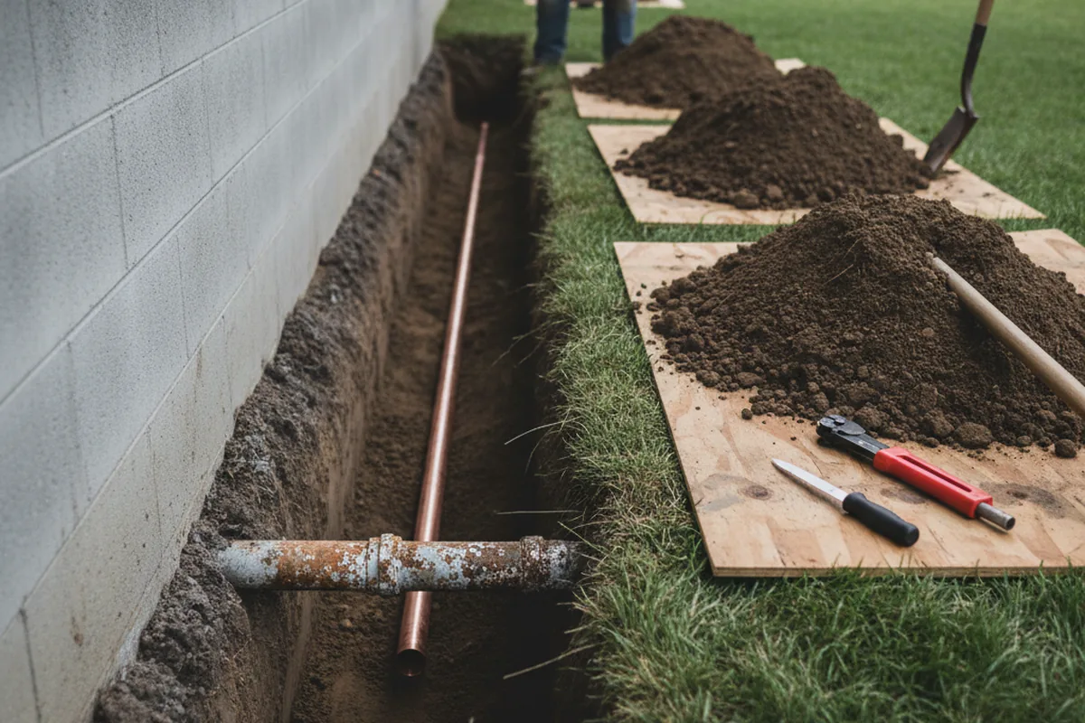 Excavated water line trench during Sewer Line Repair in Guntown